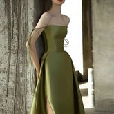 BXOXO Customized Elegant Strapless A-line Olive Green Evening Dress Vintage Spaghetti Strap Boat Neck Pleat Satin Party Prom Gown Quin